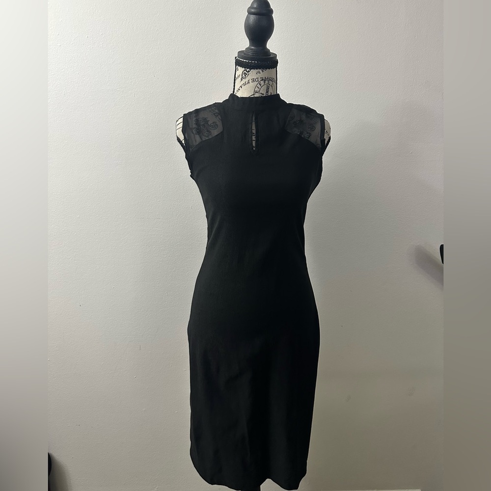 Black Midi Dress with Sheer Accent Short Sleeves